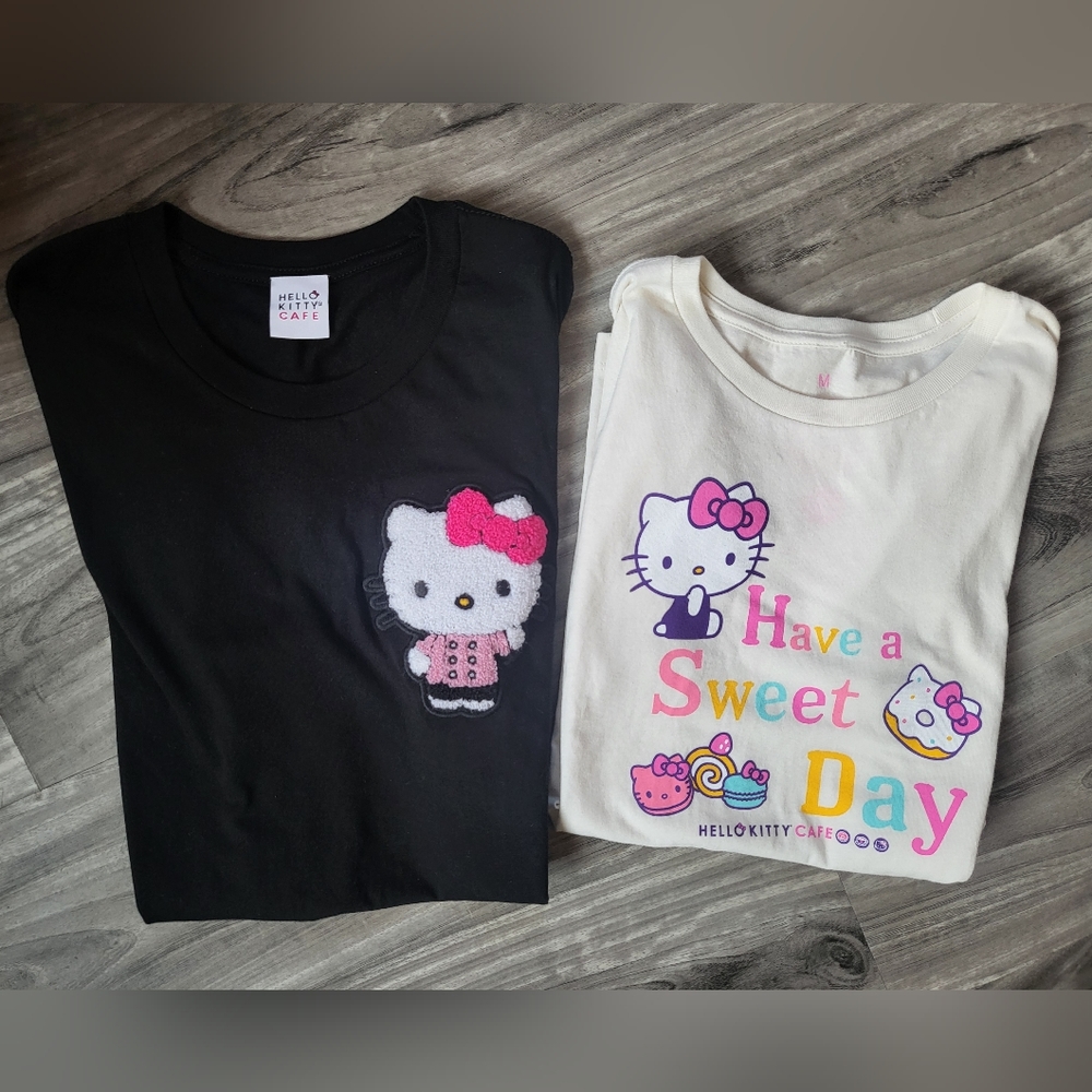 Sanrio hello kitty offical Cafe merch lot 3 pillows NWT and 2 shirts size M NWOT
